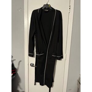 NY Threads Womens Large Black Knit Robe White Piping Long Sleeve Belted Pockets